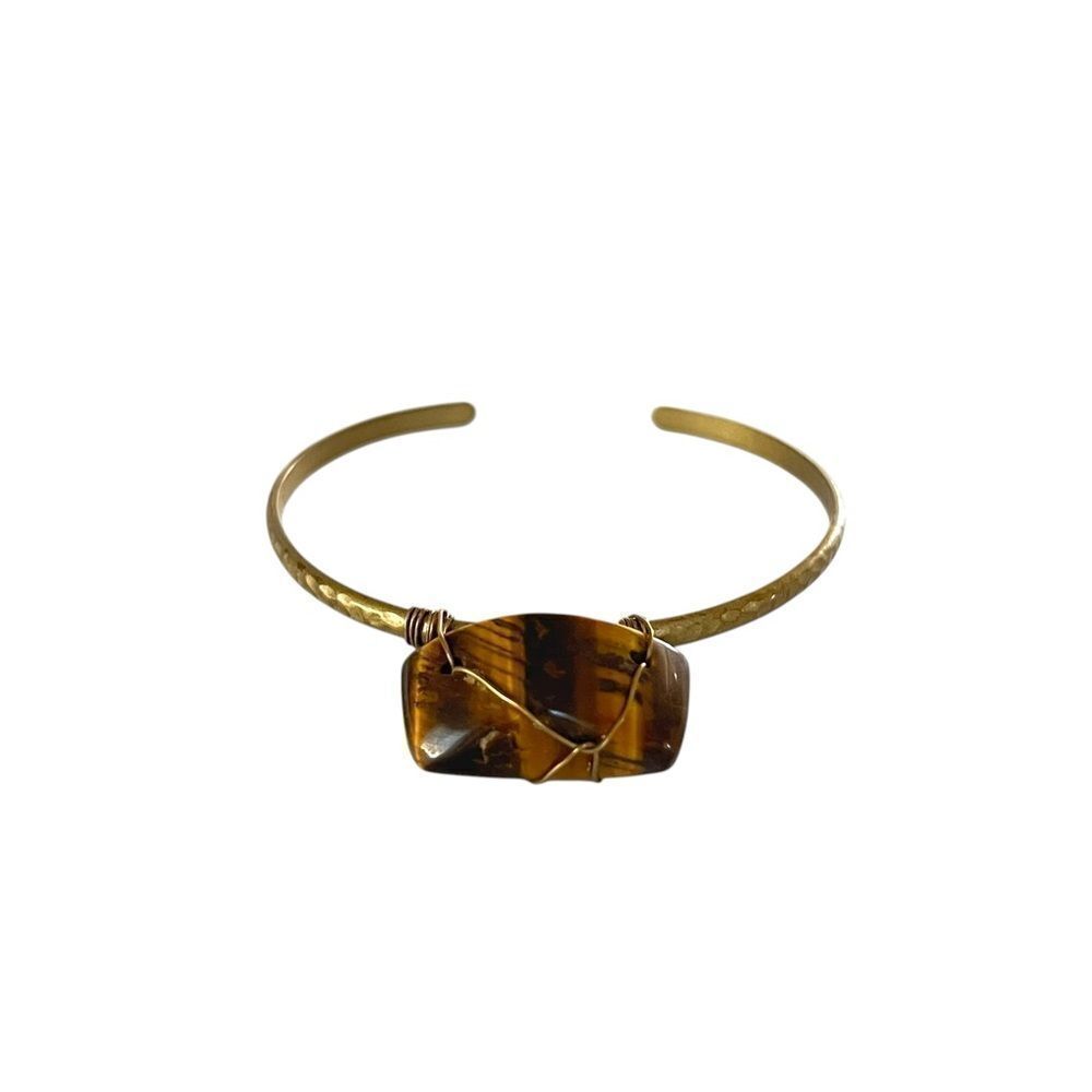 Wire Wrapped Tigers Eye Stone Metal Cuff Bracelet
